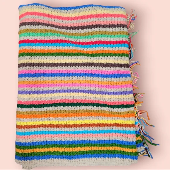 Vintage Striped Granny Square Afgan Blanket Queen Rainbow Multicolored Houndstoo - Picture 5 of 6